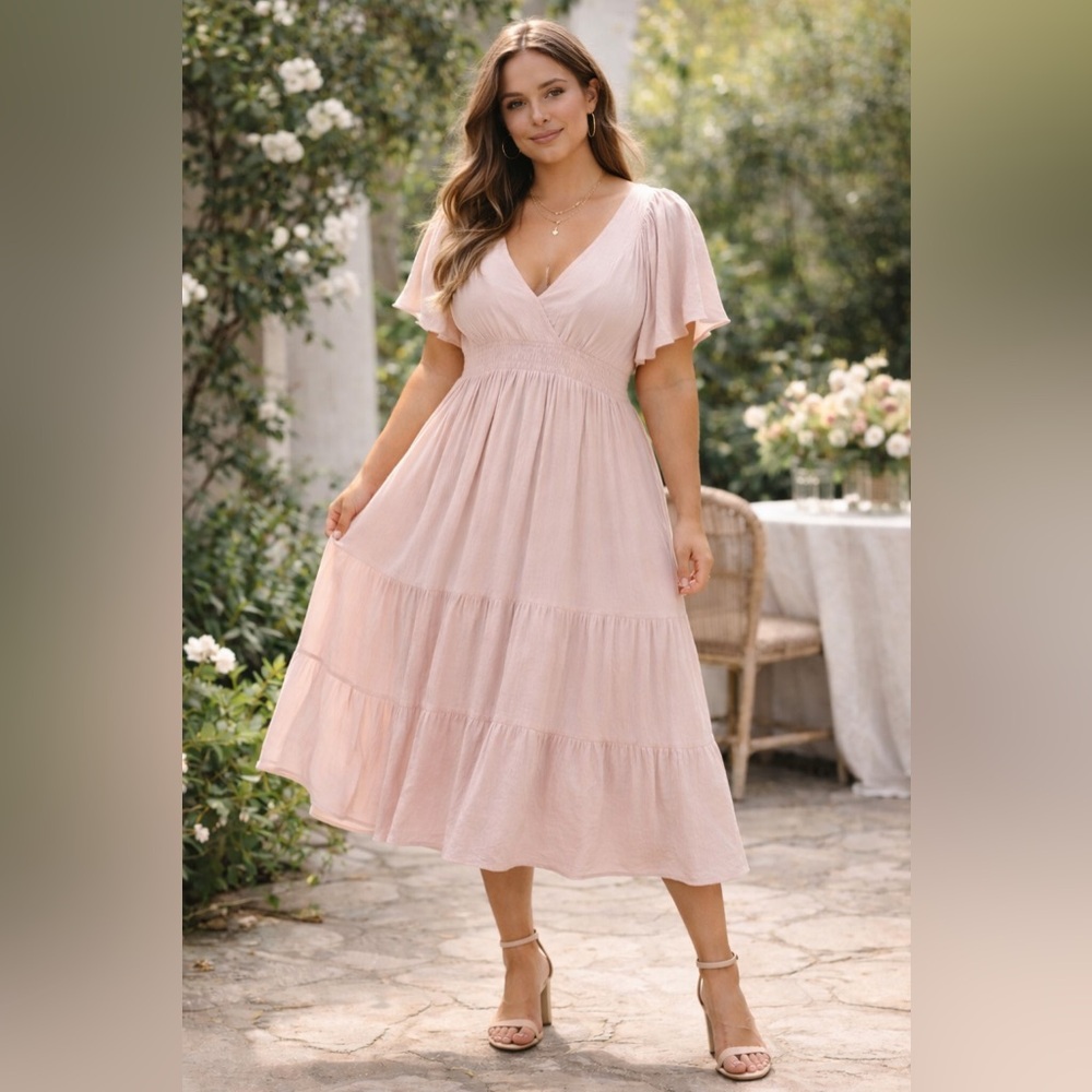 Baltic Born Blush Pink Tiered Midi Dress